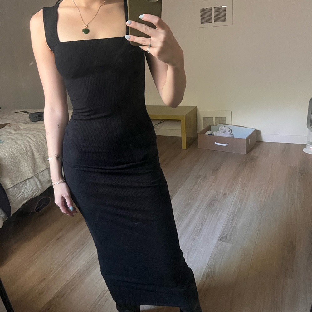 Reformation Black Ribbed Bodycon Midi Dress